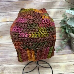Multicolor Crochet Messy Bun Beanie